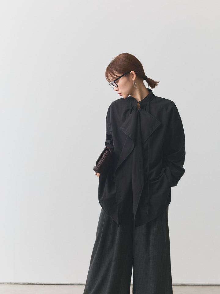 【Allure】[SET]ピーチスキンデザインネックオーバーシャツ+ウールライクストライプワイドパンツ(2set)