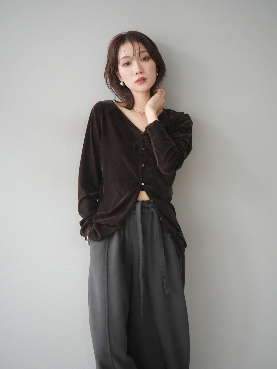 [予約]ベロアカーディガン/brown