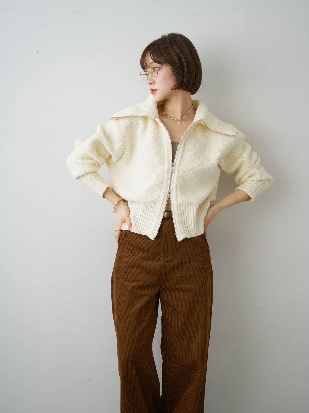[SET]リブカラー圧縮ブークレニットブルゾン+ベルト付コーディロイワイドストレートパンツ(2set)