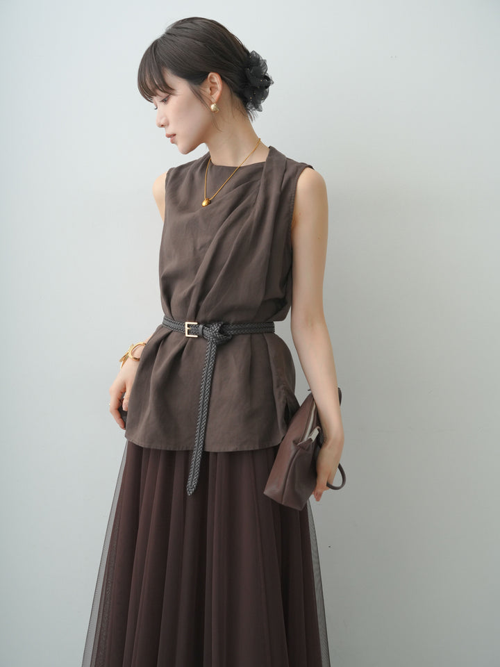 [予約]リネンライクサイドショルダーギャザーノースリトップス/brown