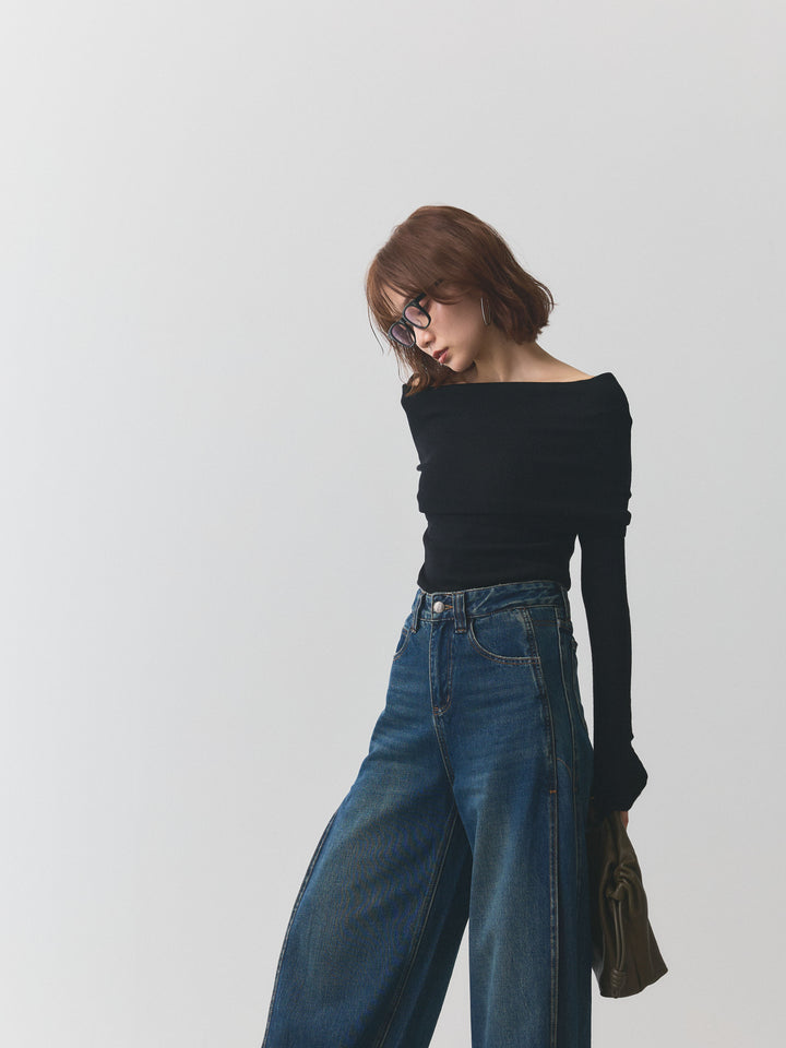 【Allure】[SET]オフショルニットトップス+サイドタックヴィンテージワイドデニム(2set)