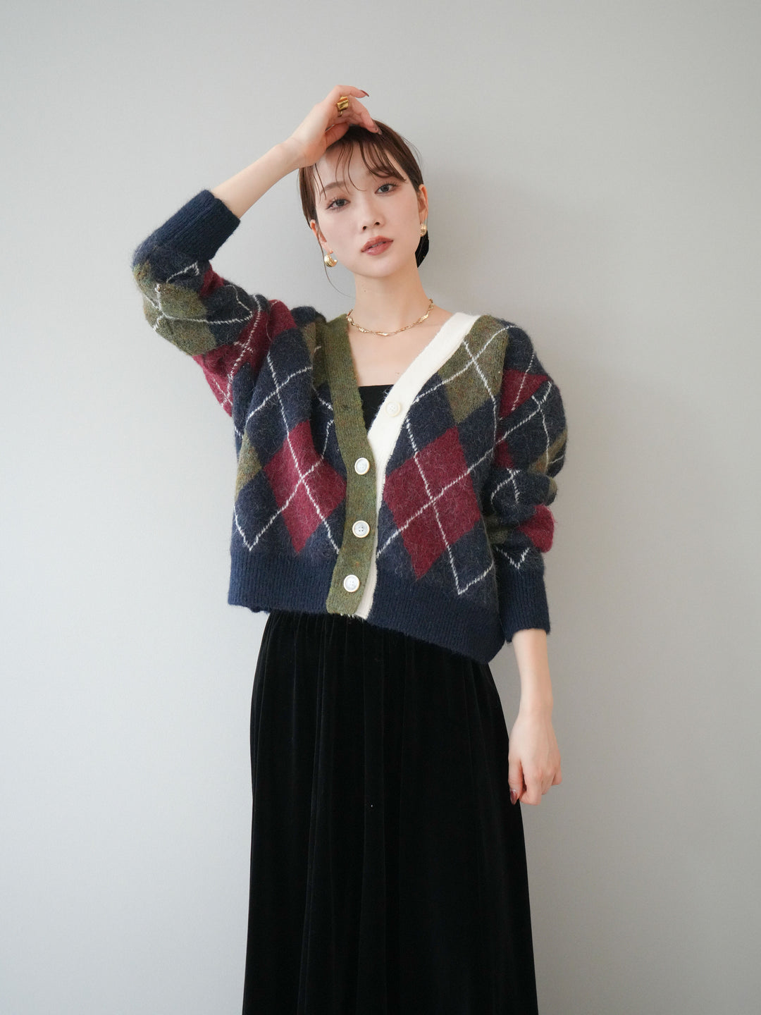[予約]配色アーガイル柄ニットカーディガン/green