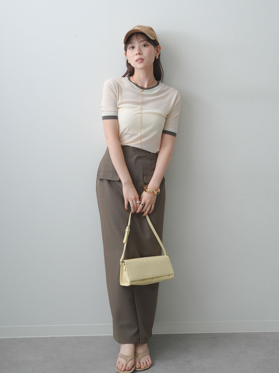 [SET]トリムレイヤードシアー半袖トップス+クレープデシンフラップ付きストレートスカート(2set)