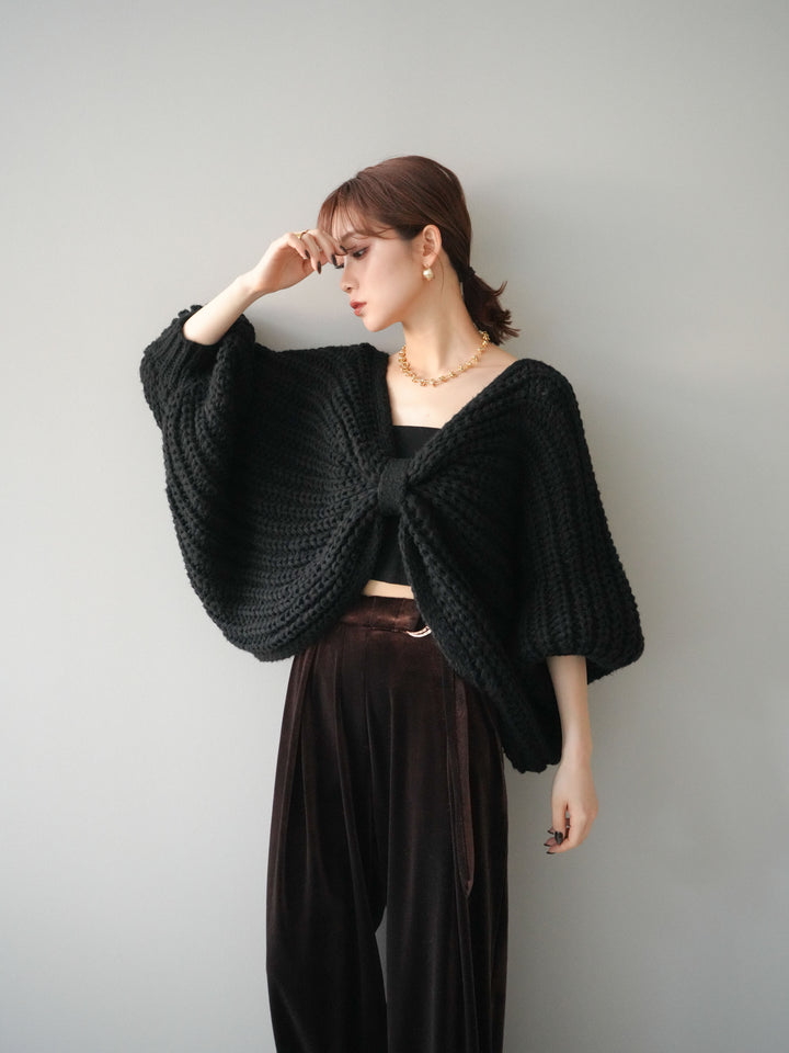 [予約]ローゲージ畦編みドルマンニットボレロ/black
