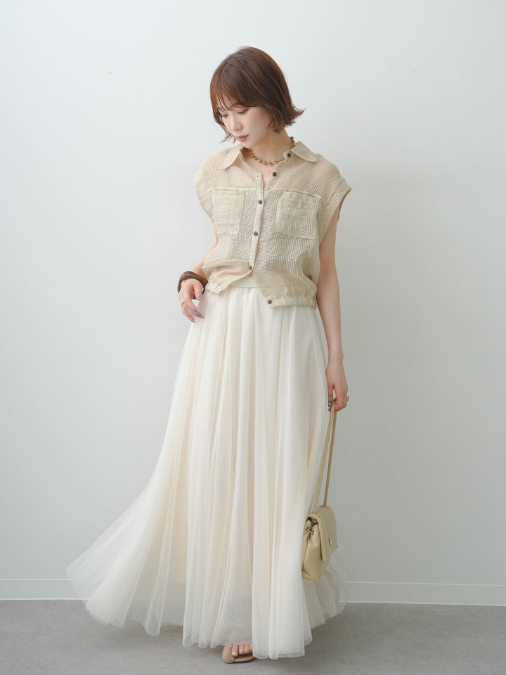 [SET]ラッセルメッシュフレンチシャツ+チュールボリュームスカート(2set)