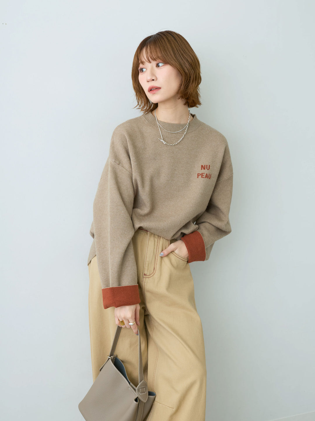 [予約]アルパカタッチバイカラーニットトップス/beige