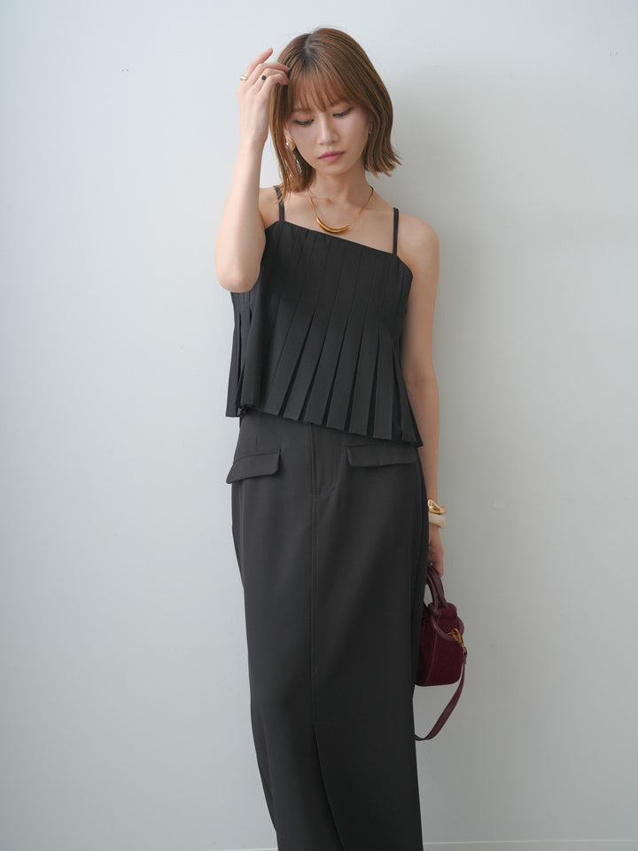 [SET]クレープデシンタックキャミソール+クレープデシンフラップ付きストレートスカート(2set)