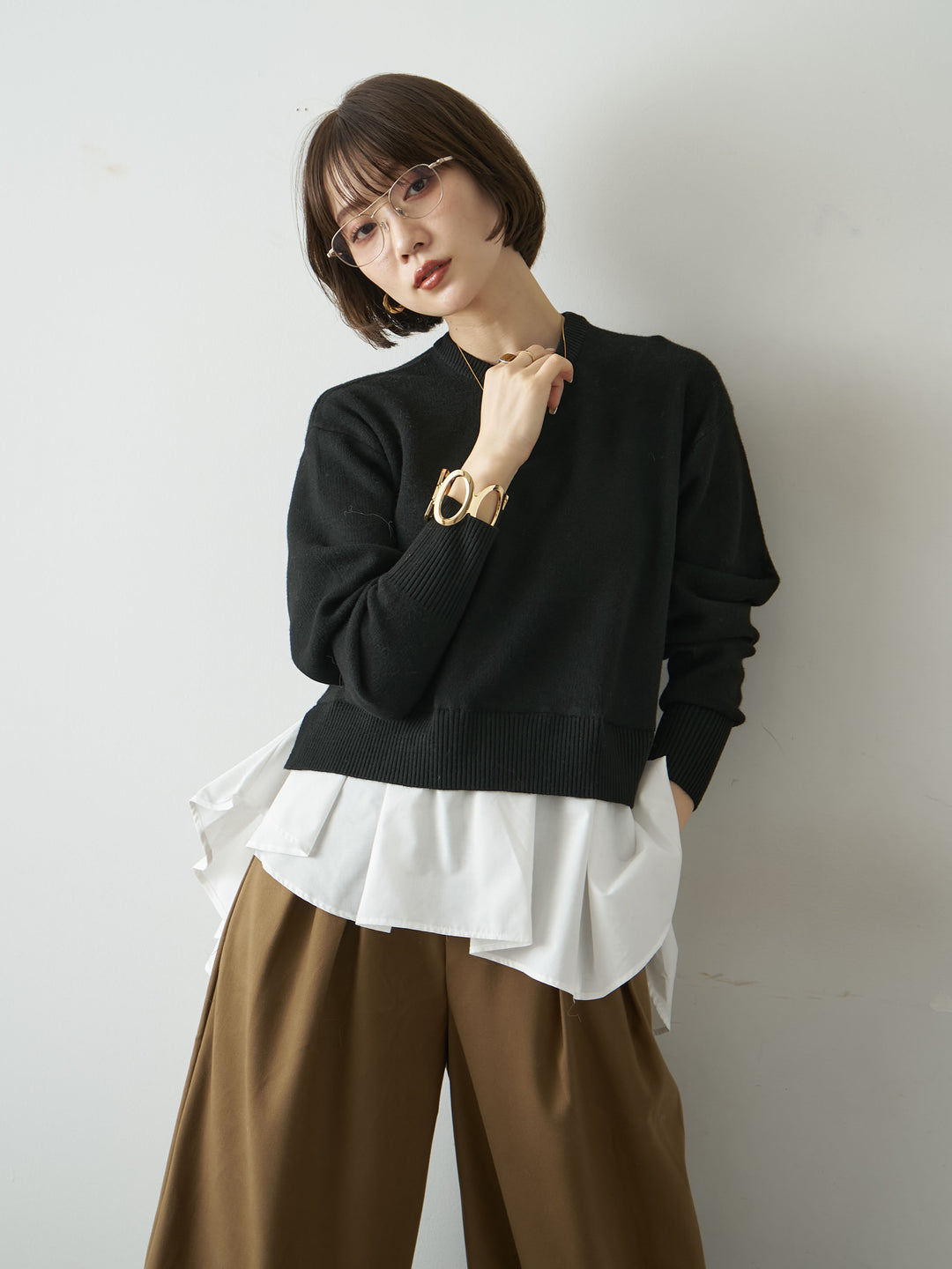 [SET]アシンメトリーシャツレイヤードニットプルオーバー+選べるアクセセット(2set)
