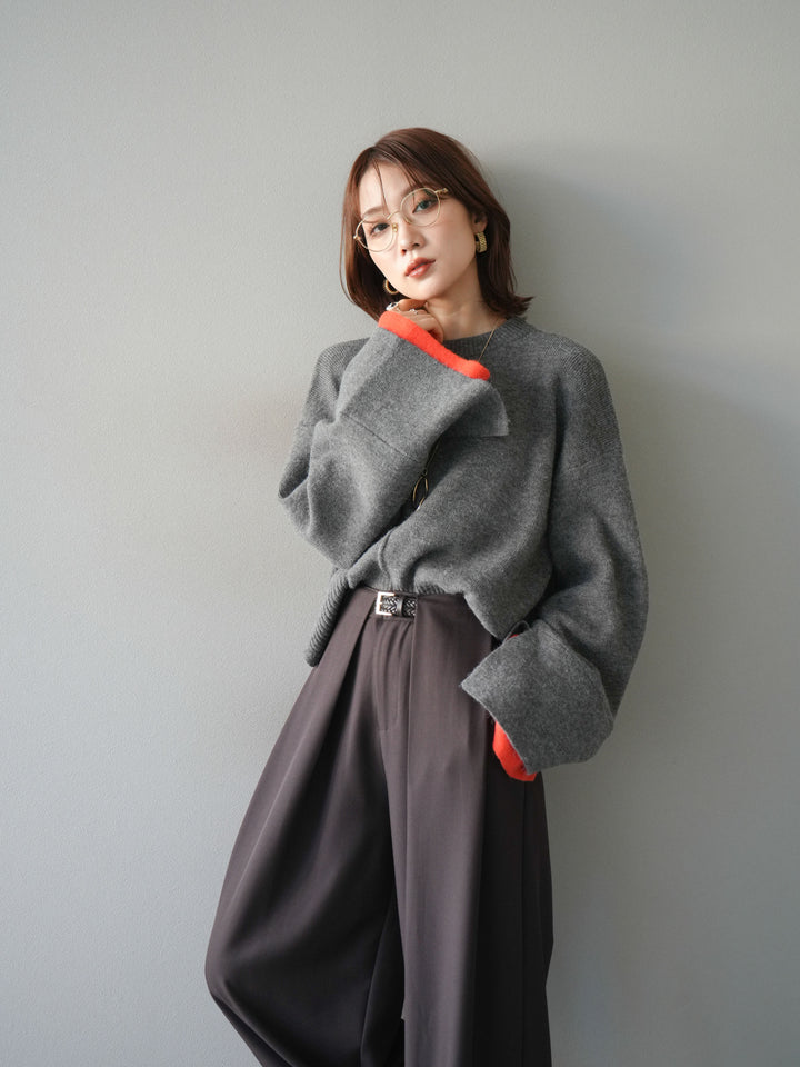 [予約]袖レイヤード配色ニットプルオーバー/charcoal