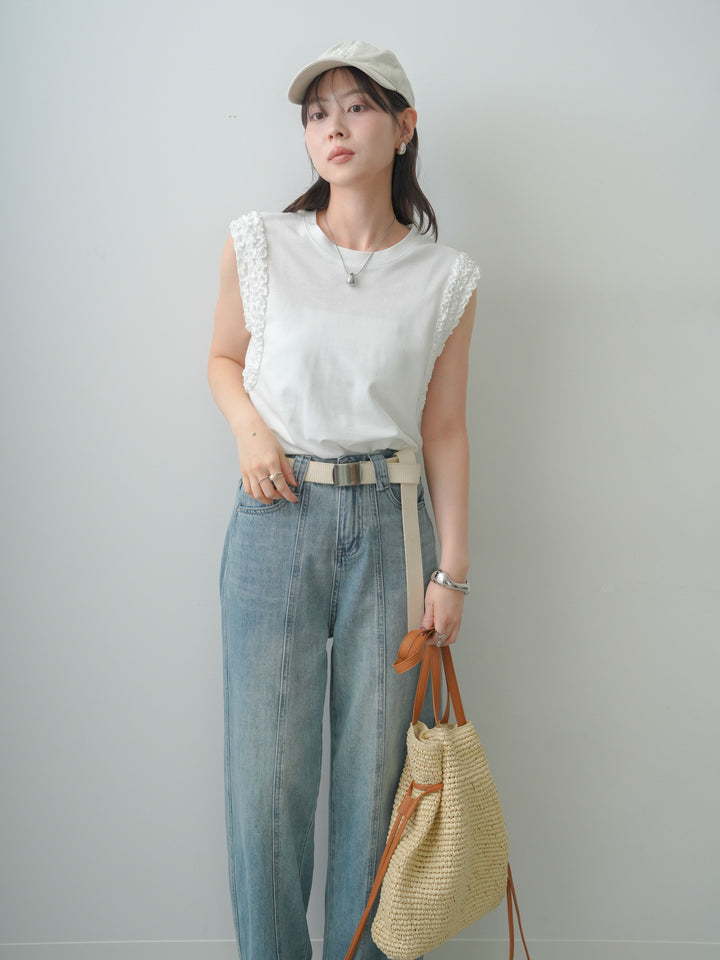 [SET]ホイップフリルフレンチTEE+センターラインワイドストレートデニム(2set)