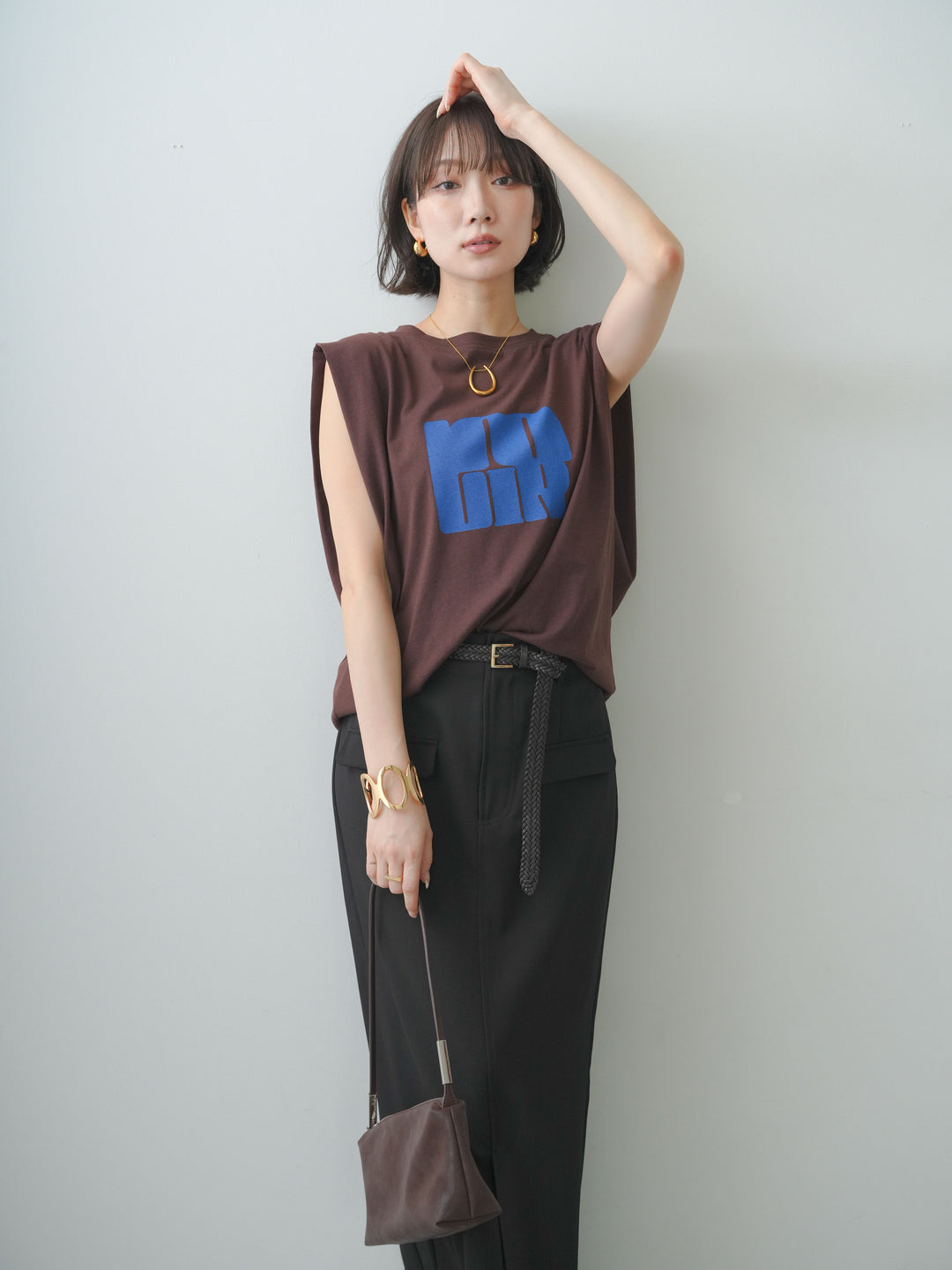 [SET]ショルダータックノースリーブオーバーTEE+ショルダータックノースリーブオーバーTEE+クレープデシンフラップ付きストレートスカート(3set)