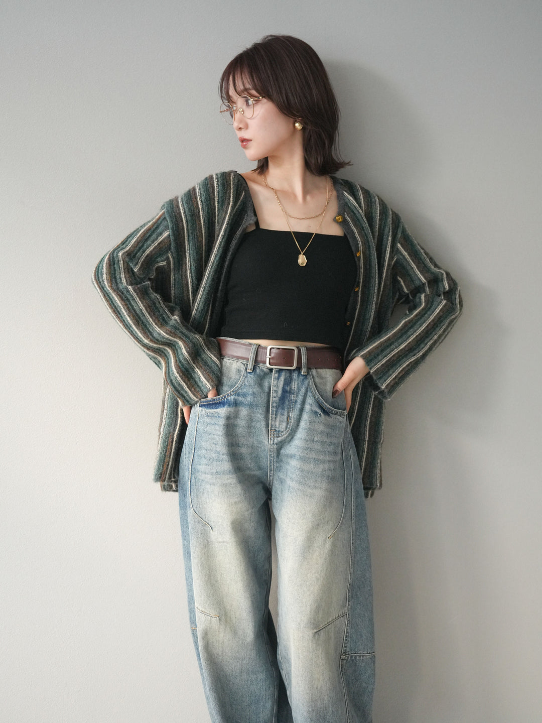 [予約]アンティークボタンストライプニットカーディガン/charcoal