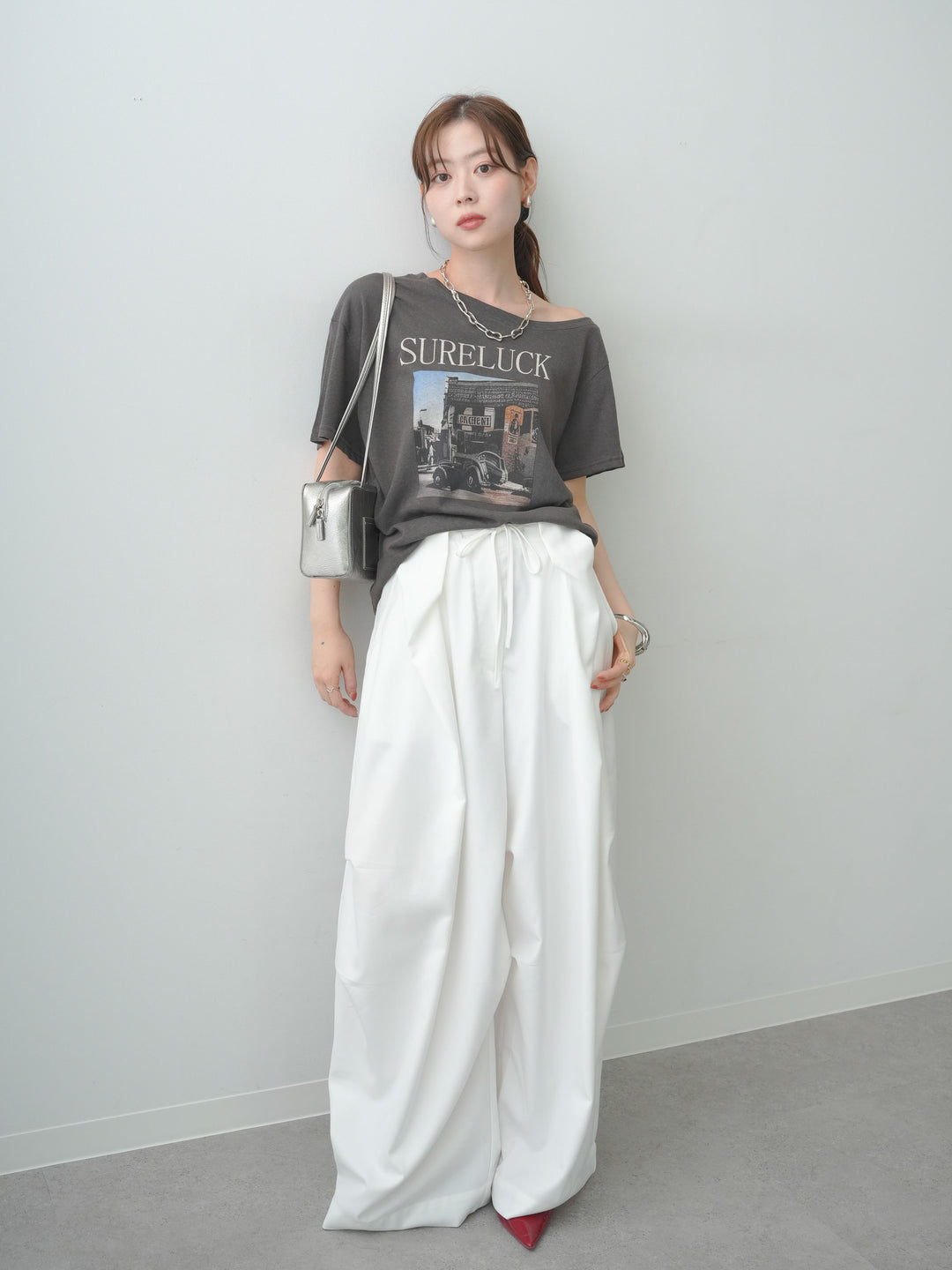 [SET]ワイドネックプリントTEE+ベルトループカーブタックワイドパンツ(2set)