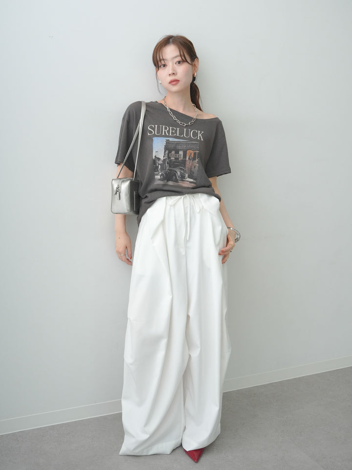 [SET]ワイドネックプリントTEE+ベルトループカーブタックワイドパンツ(2set)