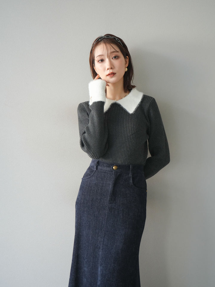 [SET]シャギー襟リブニットトップス+ベルベットマーメイドスカート(2set)