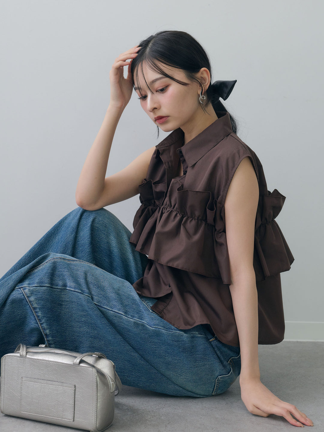 [SET]フリルノースリーブシャツ+ペインターカーブデニムパンツ(2set)