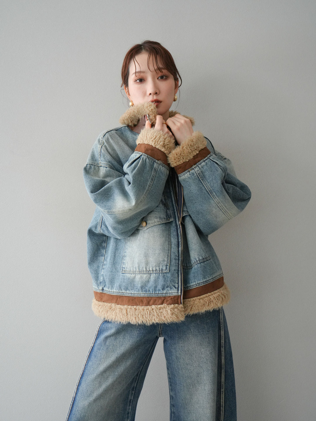 [予約]スタンドカラーファー×デニムジャケット/lightblue