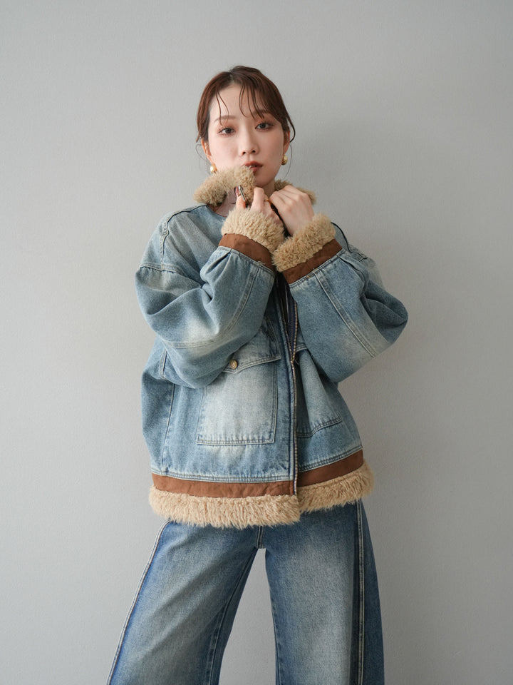[予約]スタンドカラーファー×デニムジャケット/lightblue