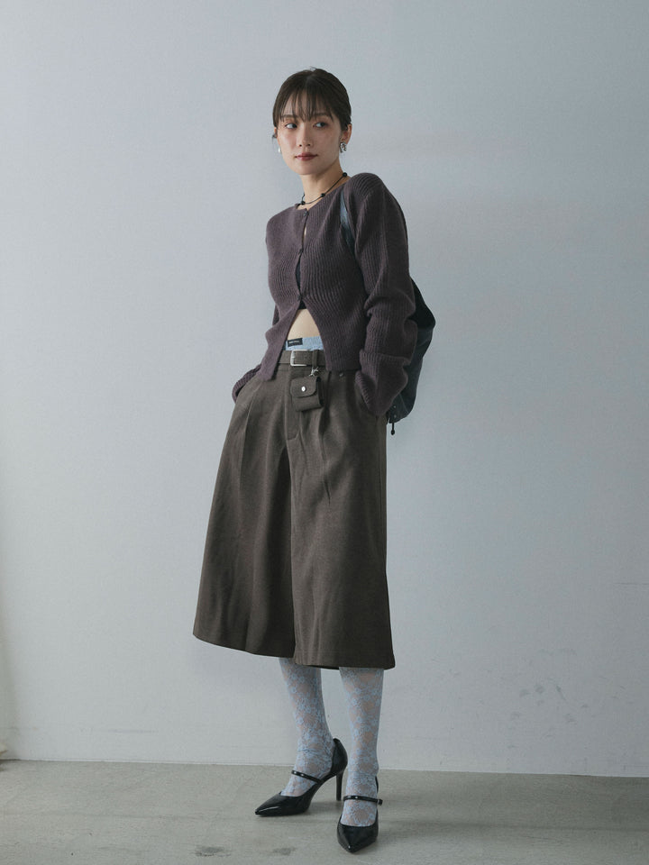 【Allure】[SET]デザインショートニットカーディガン+ベルト付ウールタッチミディアムパンツ(2set)