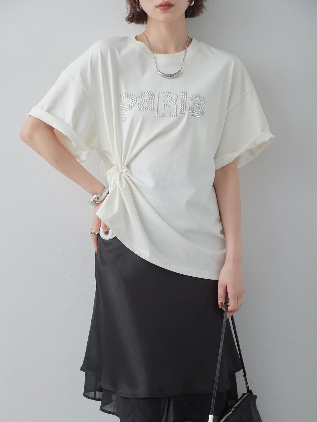 [SET]スタッズロゴTEE+サテンシフォンレイヤードスカート(2set)