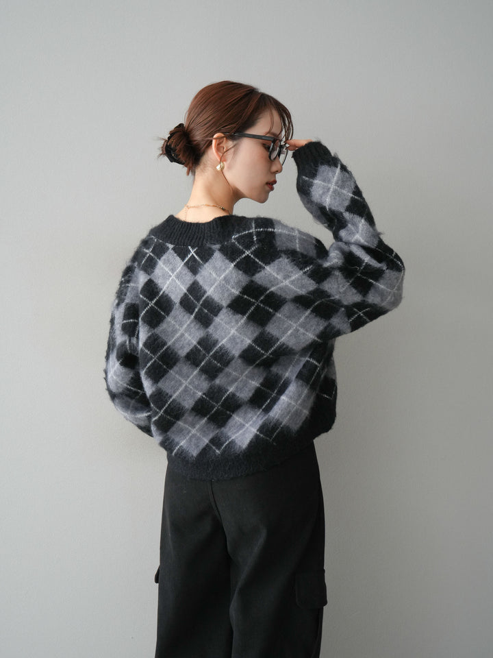 [予約]アーガイルシャギーニットカーディガン/gray