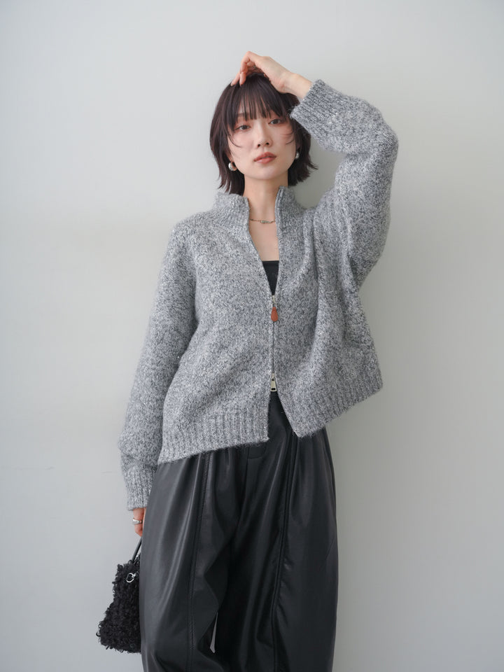 [SET]メランジダブルジップニットブルゾン+カップ付テレコリブベアキャミソール+フェイクレザーワイドパンツ(3set)