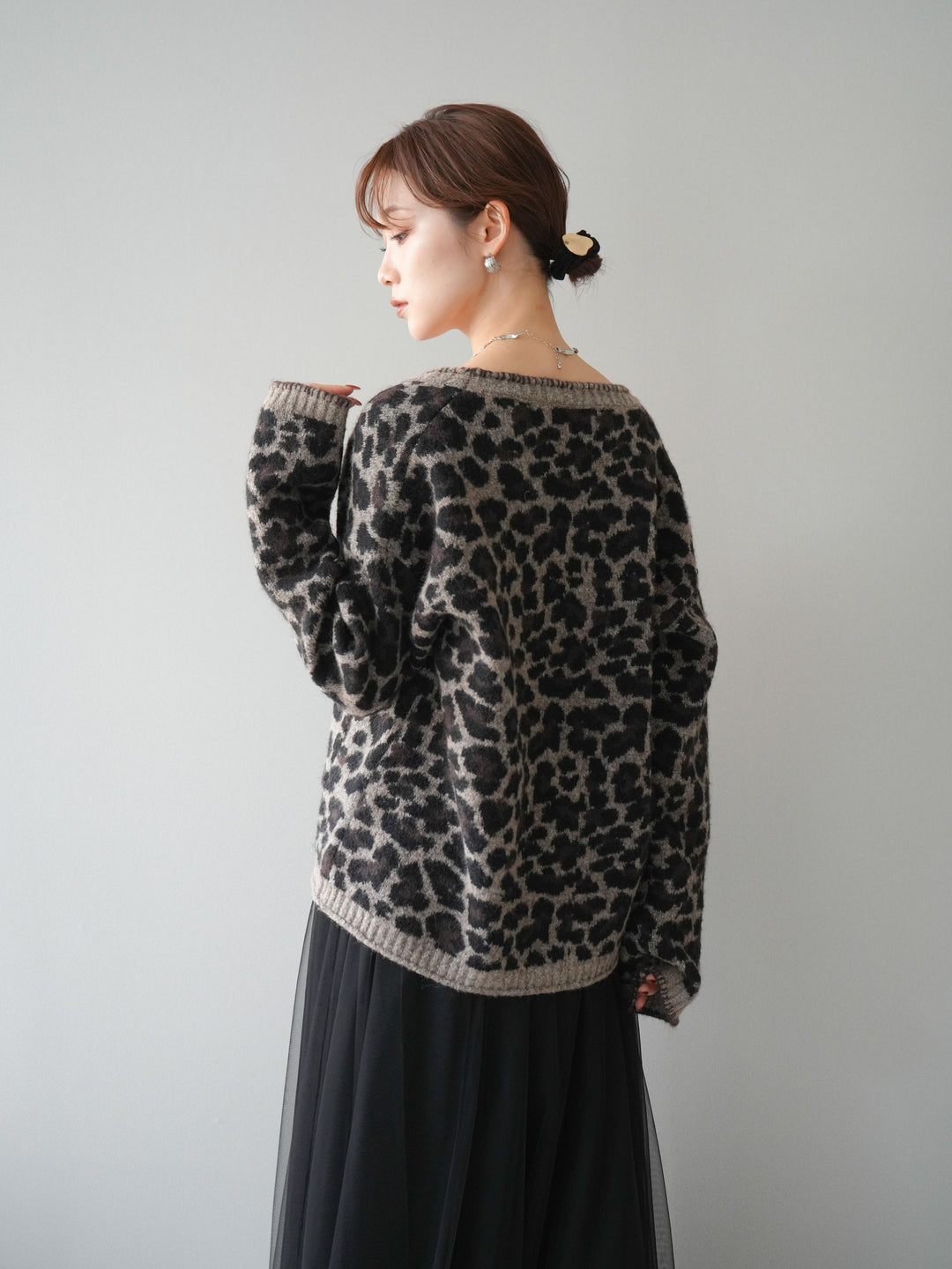 [予約]アニマル柄ステッチニットカーディガン/brown