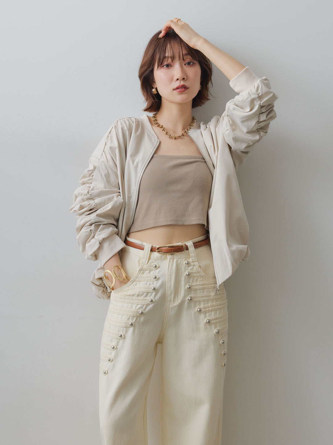 [SET]ギャザースリーブバルーンブルゾン+カップ付テレコリブベアキャミソール+ナポレオンワイドストレートパンツ(3set)