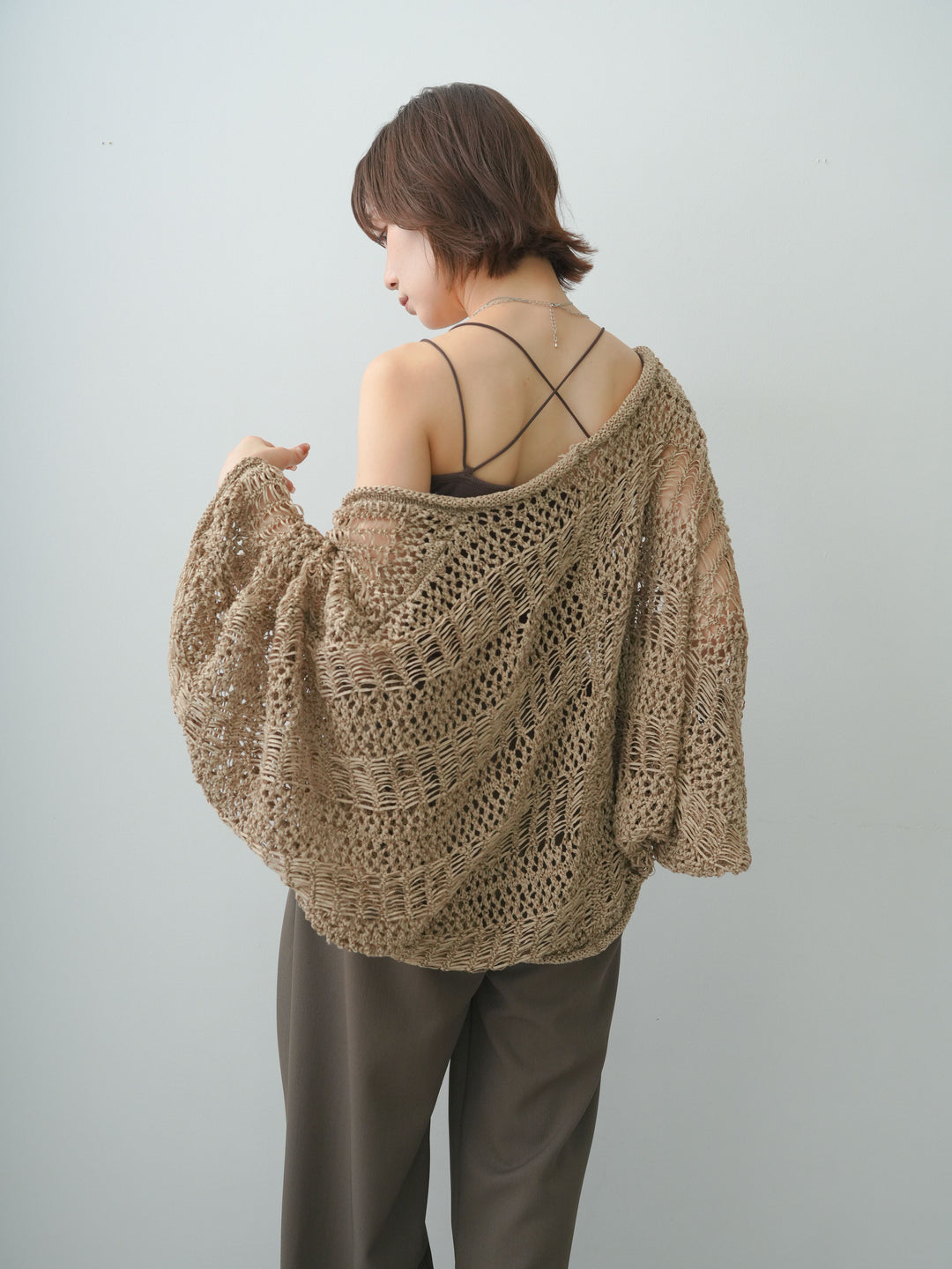 [SET]ミックスメッシュニットボレロ+カップ付きバッククロスキャミソール(2set)