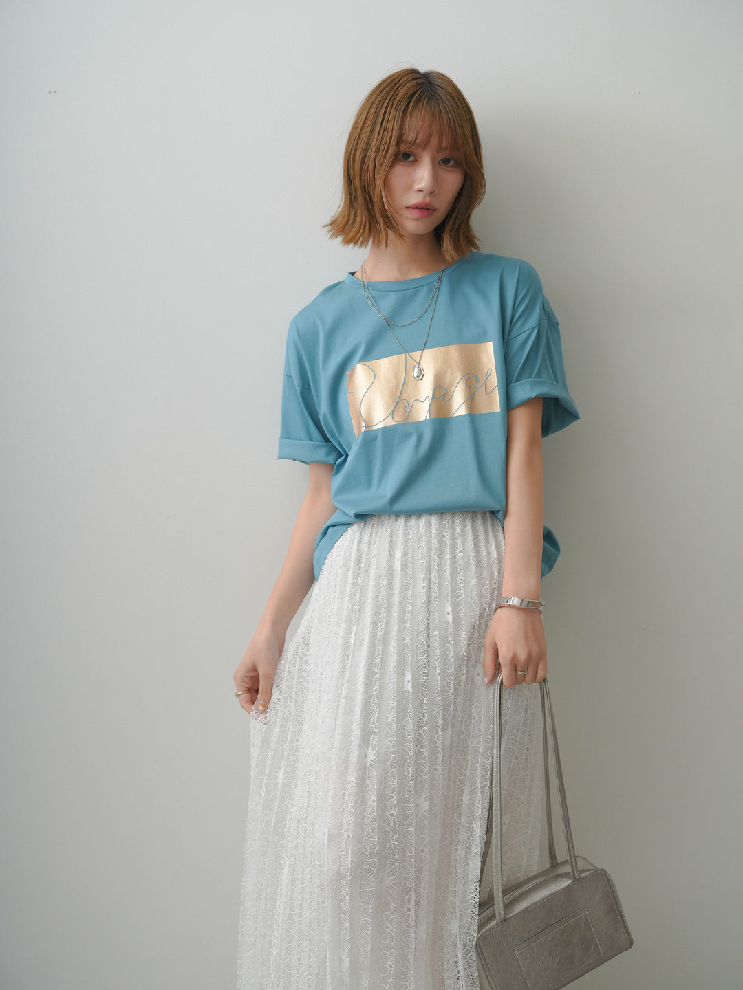 [SET]箔プリントボックスTEE+フローラルレースプリーツスカート(2set)