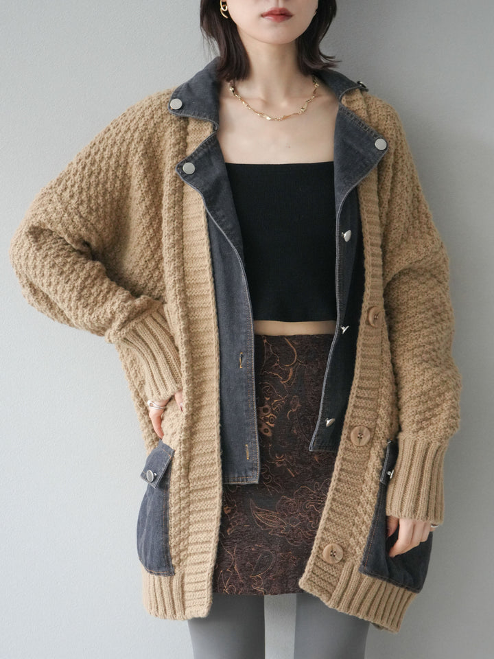 [SET]デニム襟レイヤードニットジャケット+デニム襟レイヤードニットジャケット(2set)
