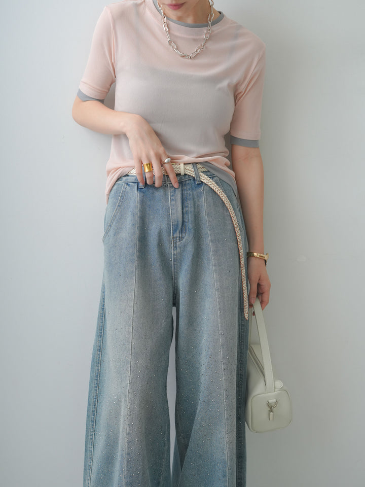[SET]トリムレイヤードシアー半袖トップス+フロントビジューカーブデニムパンツ(2set)