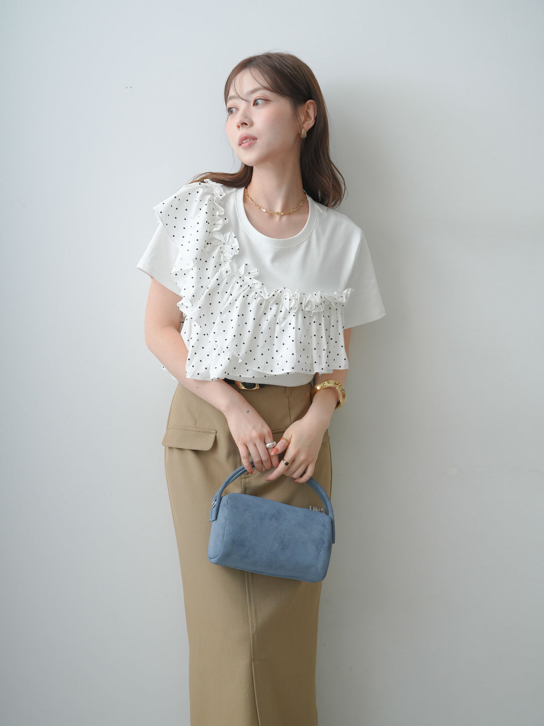 [SET]ドットギャザーフリルデザインTEE+クレープデシンフラップ付きストレートスカート(2set)