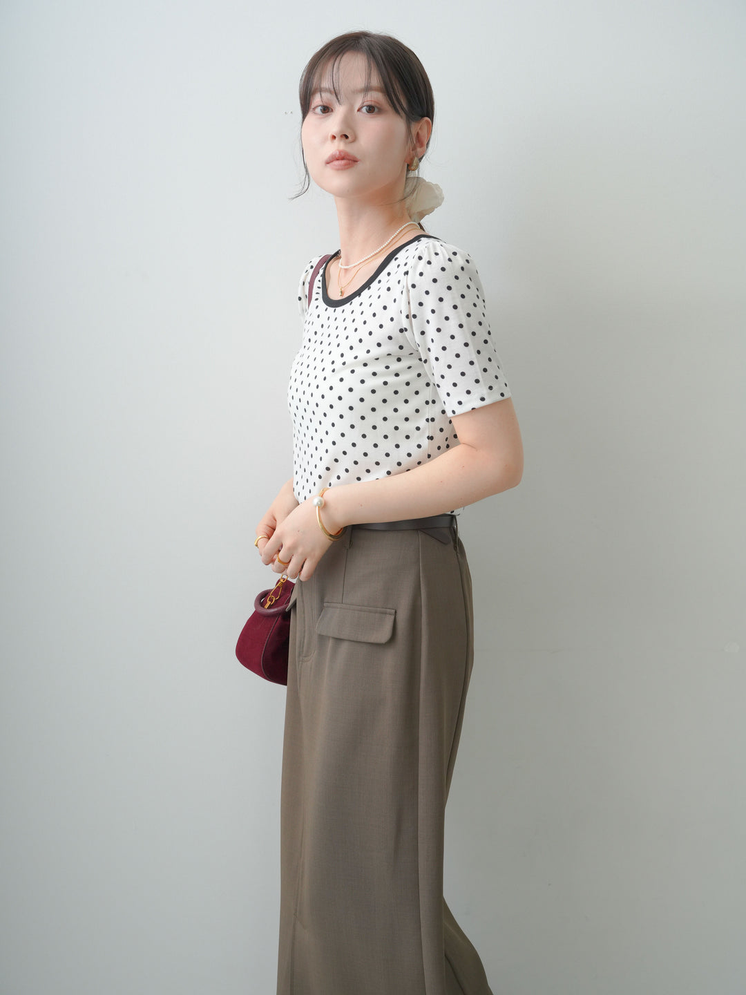 [SET]前後2wayドットバイカラーパイピングTEE+クレープデシンフラップ付きストレートスカート(2set)