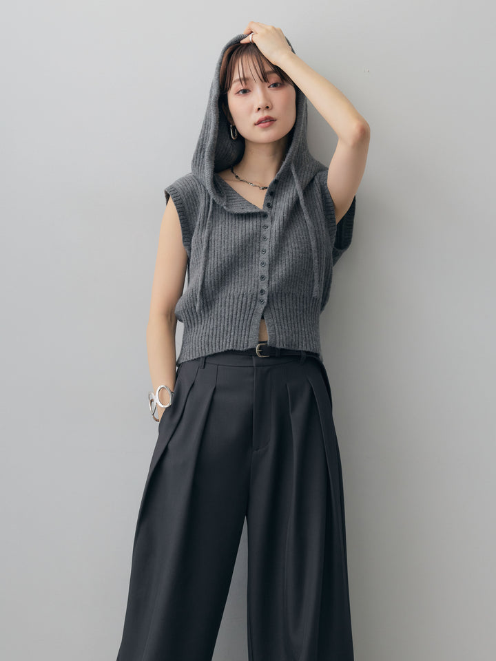 [SET]アルパカタッチフードリブニットベスト+ツイルタックワイドパンツ(2set)