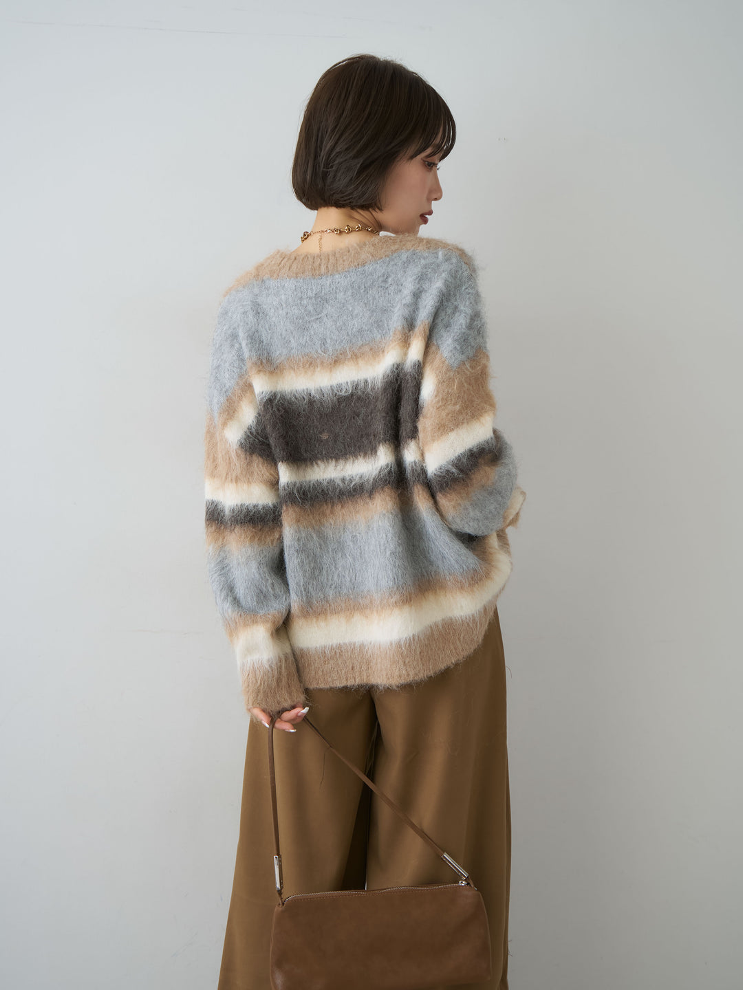 [SET]カラフルシャギーボーダーカーディガン+ダブルタックドレープストレートワイドパンツ(2set)