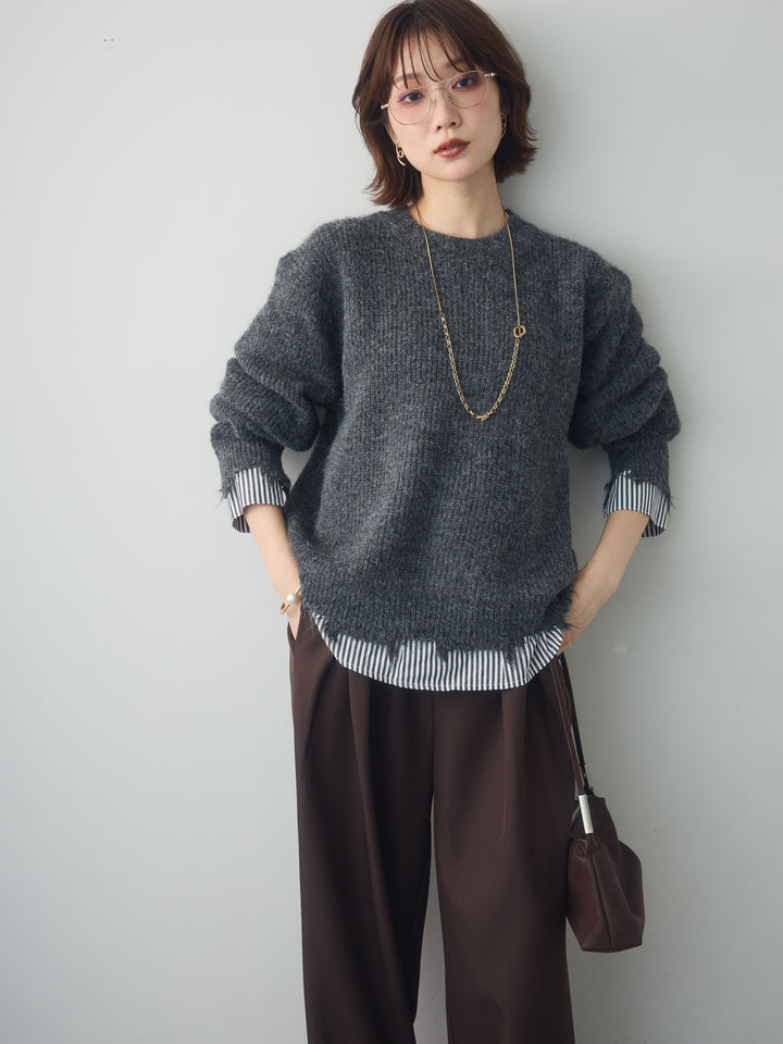 [SET]シャツレイヤードデザインモヘアプルオーバー+ツイルタックワイドパンツ(2set)