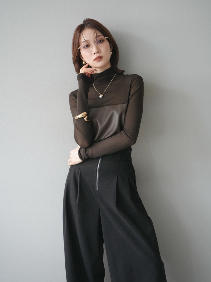 [予約]レザー切替プチネックシアートップス/khaki