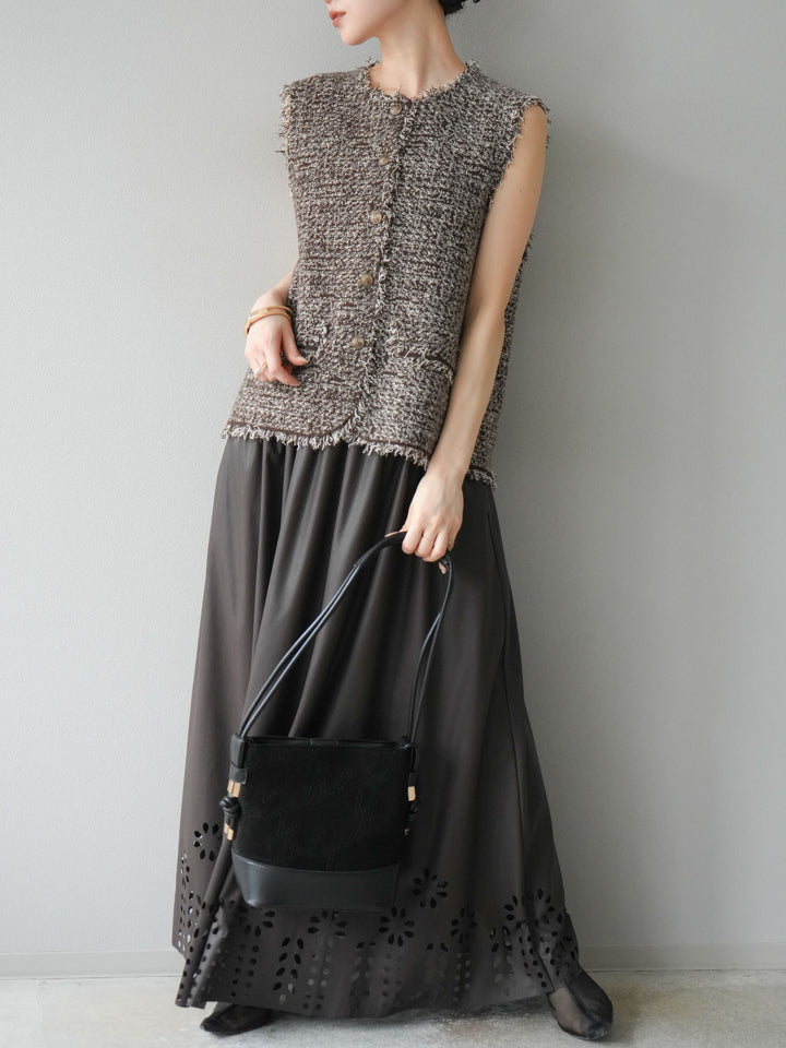 [予約]フラワーパンチングレザースカート/ブラウン