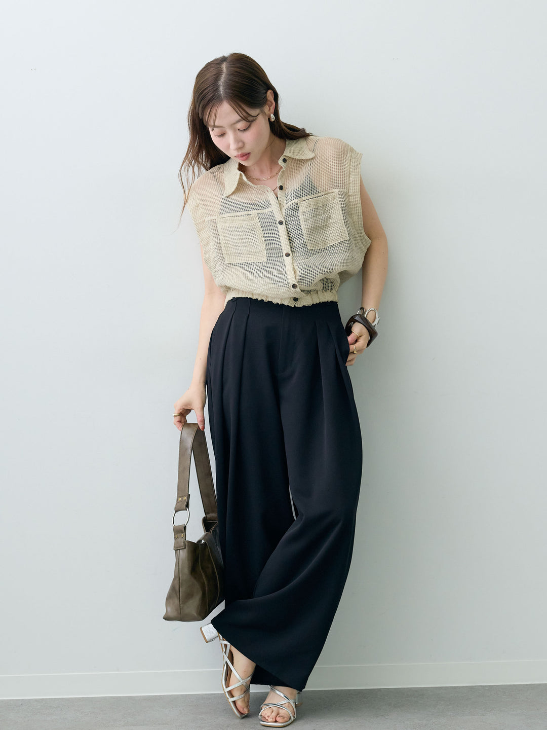 [SET]ラッセルメッシュフレンチシャツ+クレープデシンタックワイドパンツ(2set)