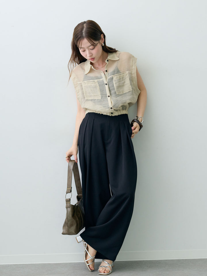 [SET]ラッセルメッシュフレンチシャツ+クレープデシンタックワイドパンツ(2set)