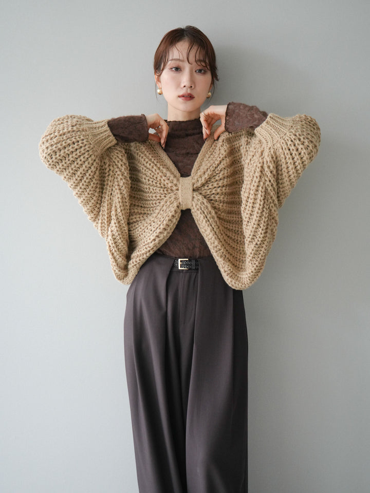 [SET]ローゲージ畦編みドルマンニットボレロ+起毛レースプチネックトップス+ベルトループデザインワイドパンツM(3set)