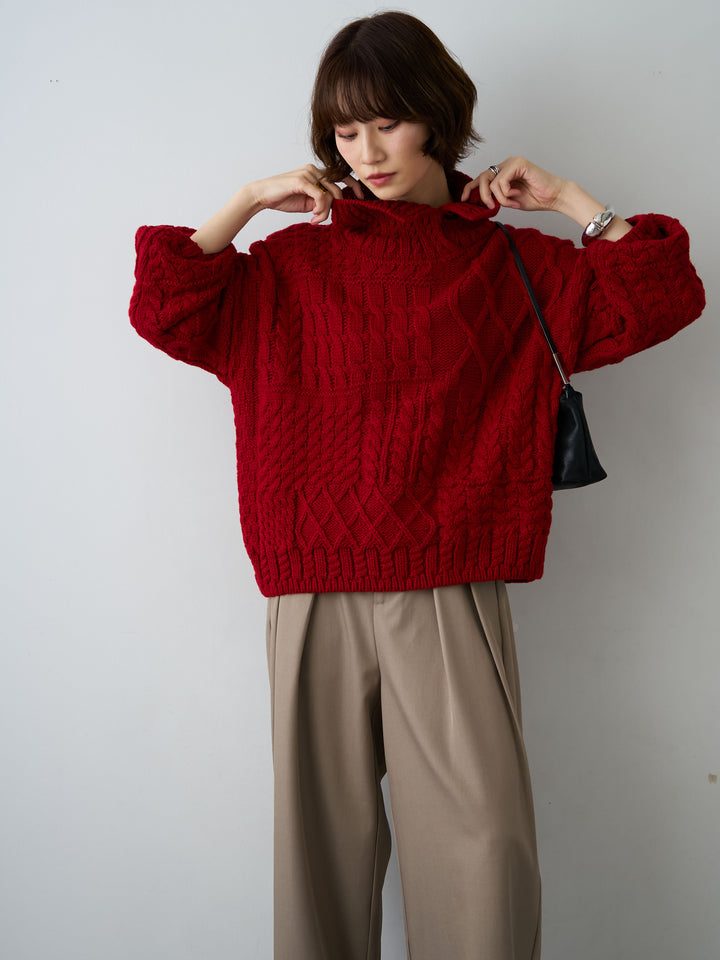 [予約]ネックボタンミックスケーブルニットトップス/red