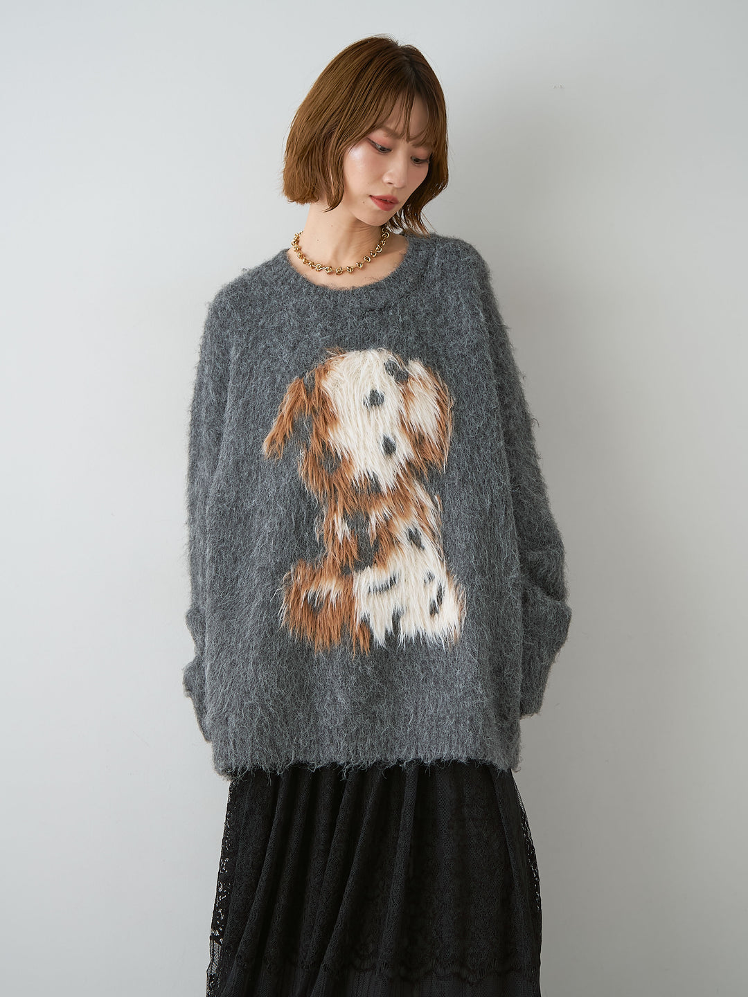 [予約]シャギードッグモチーフニットトップス/gray