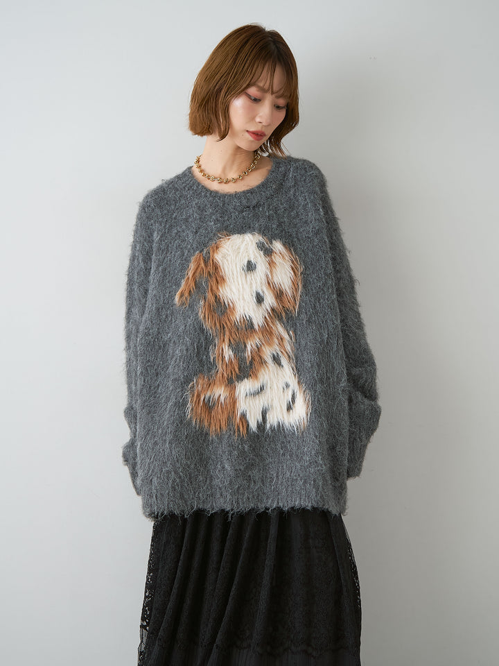 [予約]シャギードッグモチーフニットトップス/gray