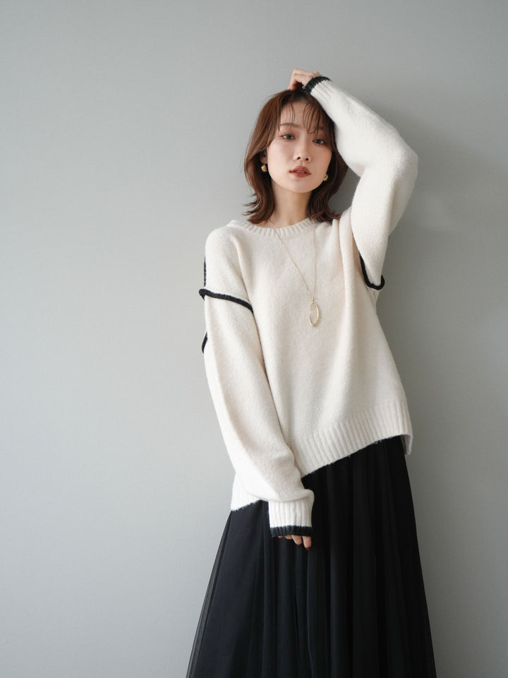 [予約]バイカラーパイピングニットプルオーバー/ivory