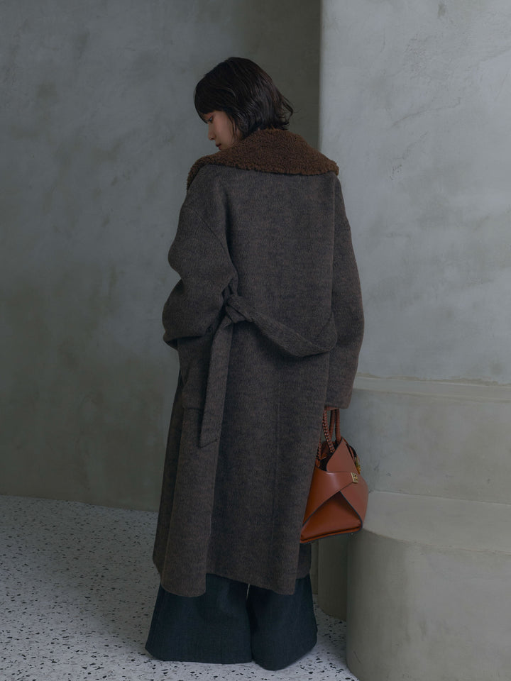 [予約]ボア襟ウールロングコート/brown