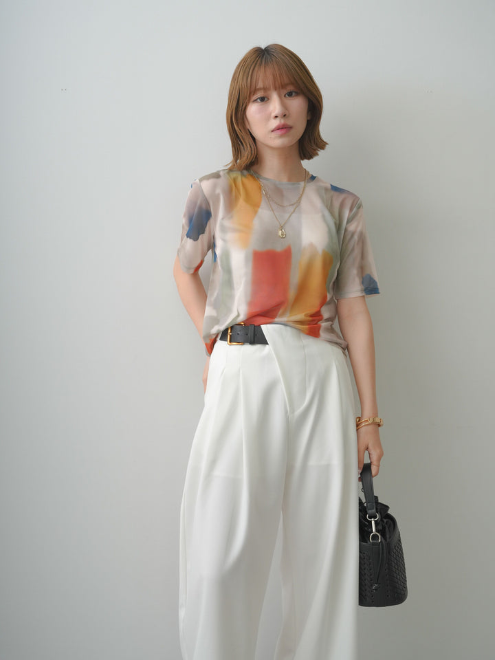 [SET]水彩アートシアーTシャツ+アシンメトリーベルトタックワイドパンツ(2set)