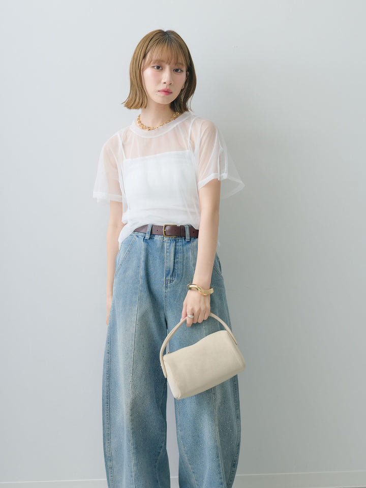 [SET]インナーキャミ付シアーオーバーTEE+フロントビジューカーブデニムパンツ(2set)