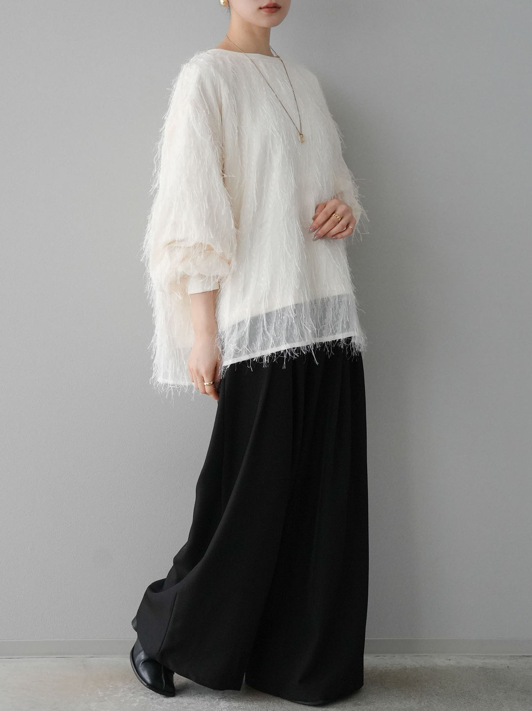 【預購】流蘇薄紗多層抓絨套頭衫/象牙色